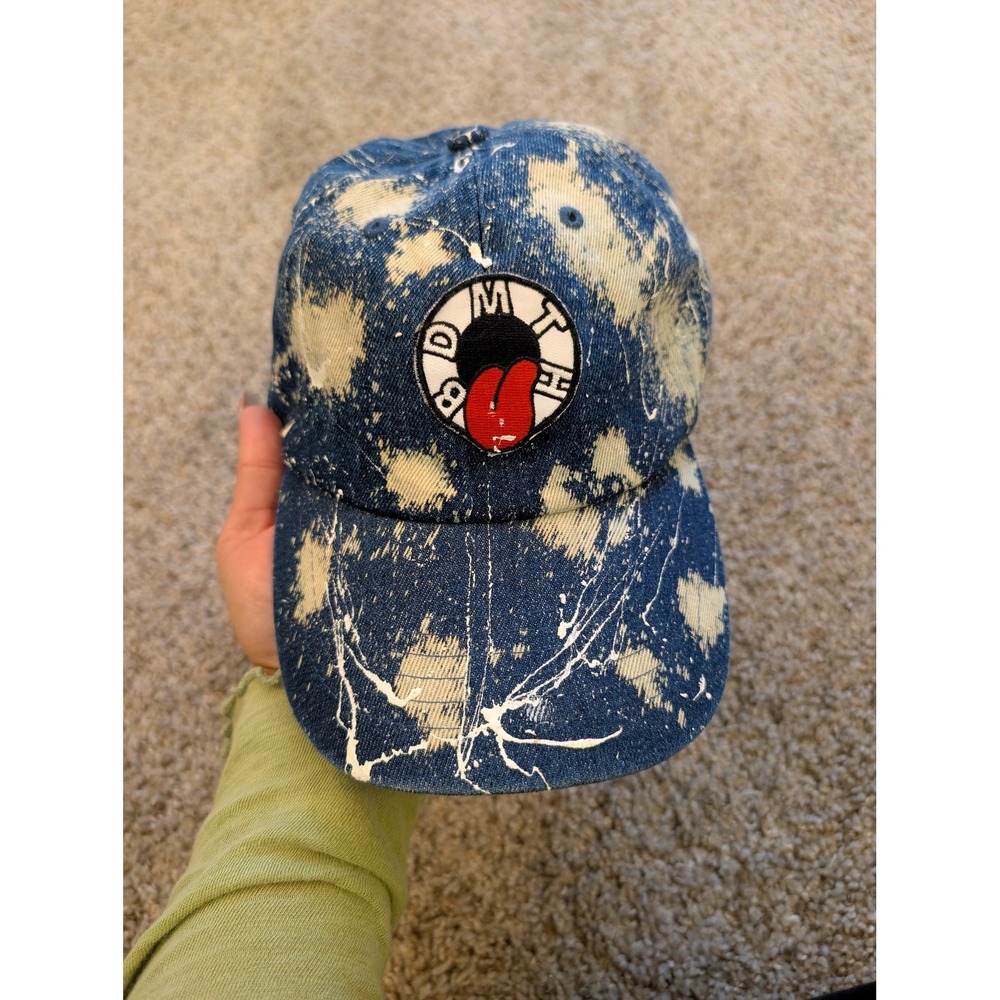 Gelante Denim Bleach Wash Paint Splatter Baseball Cap Tongue Patch Blue Hat